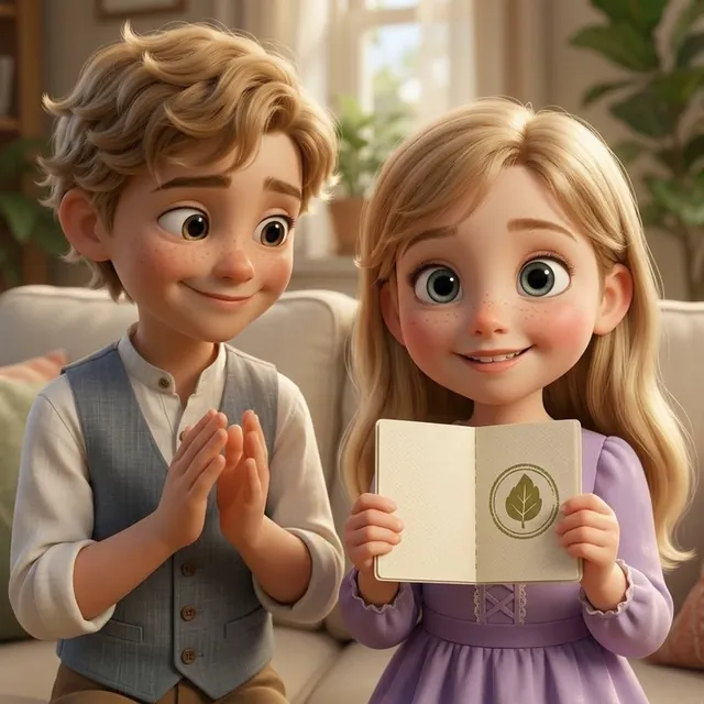 Menna holds her Jozour Passport with a stamp while Hamza claps